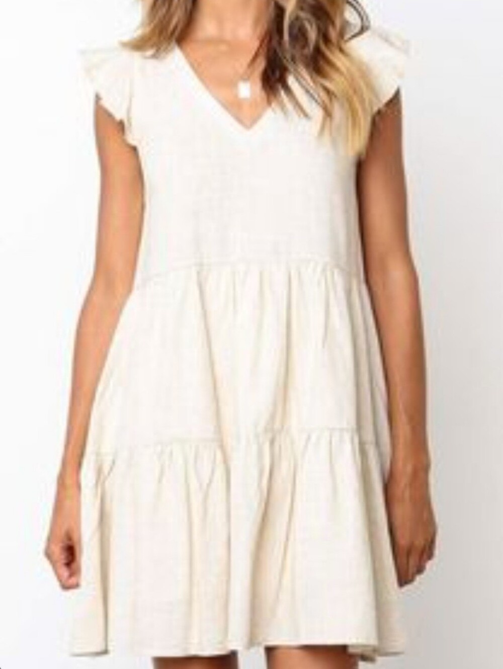 NWT ☀︎ Everkaki Vneck Cream Cotton Ruffled Tiered Boho Flowy Babydoll Mini Dress - Picture 3 of 3
